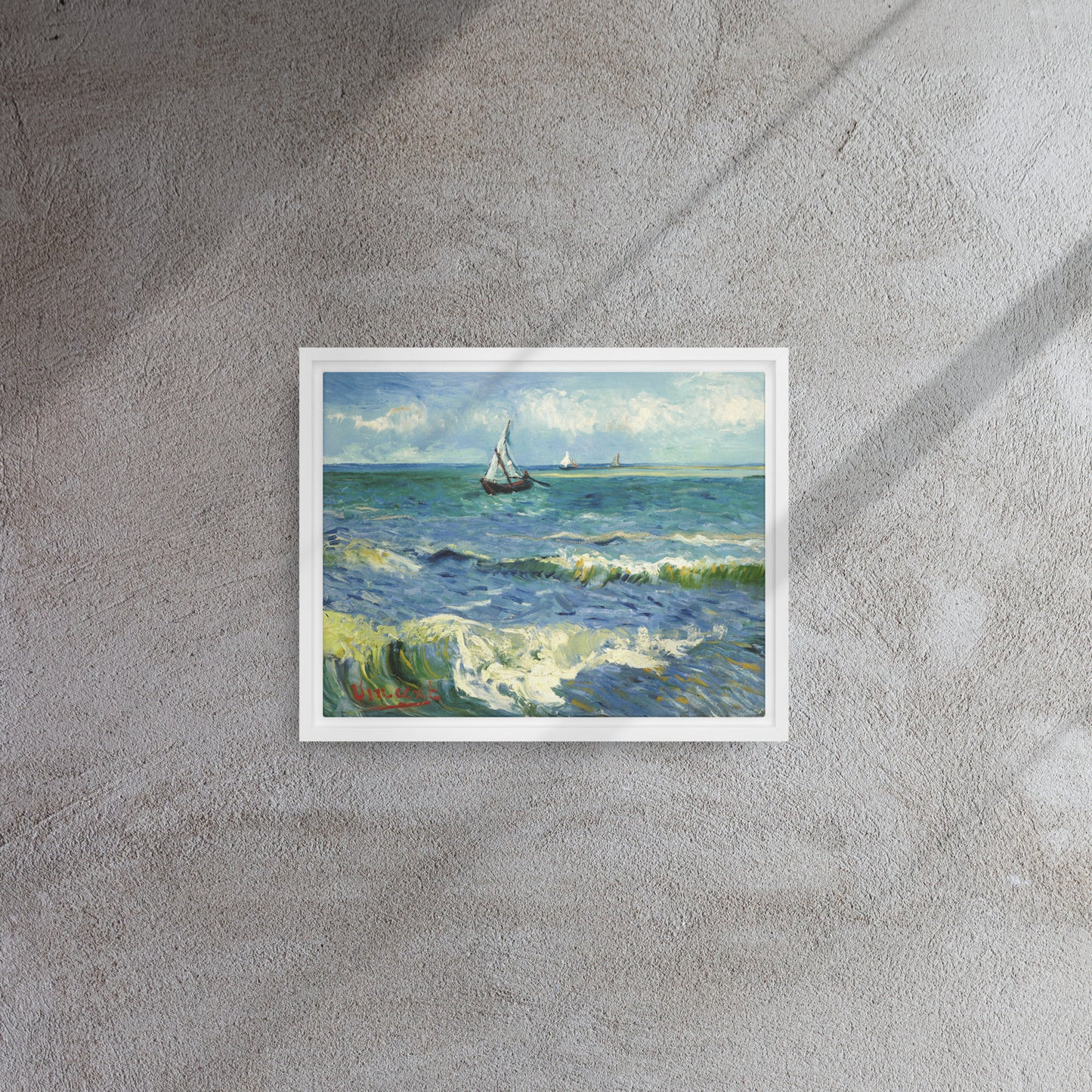 Van Gogh's 'The Sea at Les Saintes-Maries-de-la-Mer' on a 11"x14" white framed canvas print on a textured gray wall.