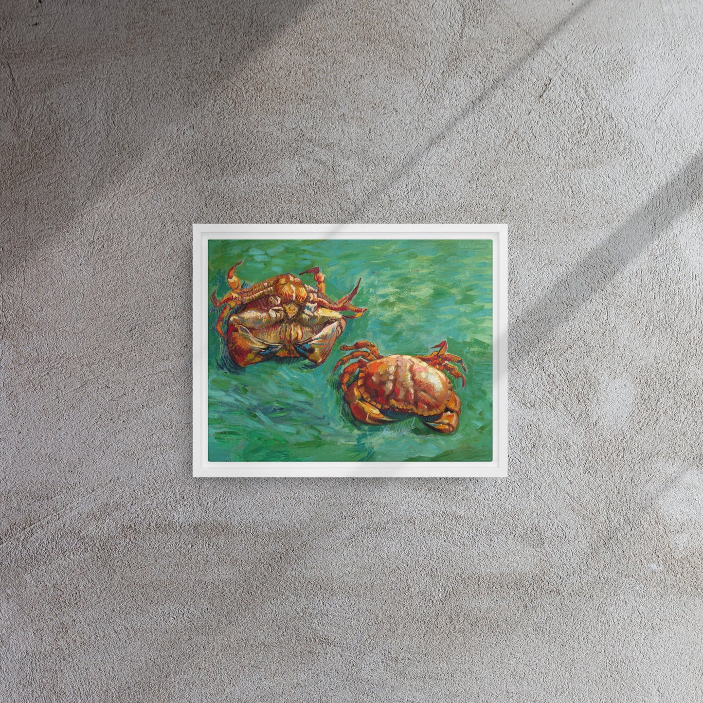 Van Gogh's 'Two Crabs' on a 11"x14" white framed canvas print on a textured gray wall.