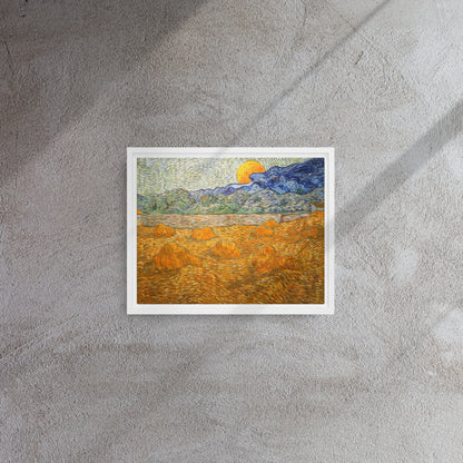 Van Gogh's 'Landscape with Wheat Sheaves and Rising Moon' on a 11"x14" white framed canvas print on a textured gray wall.