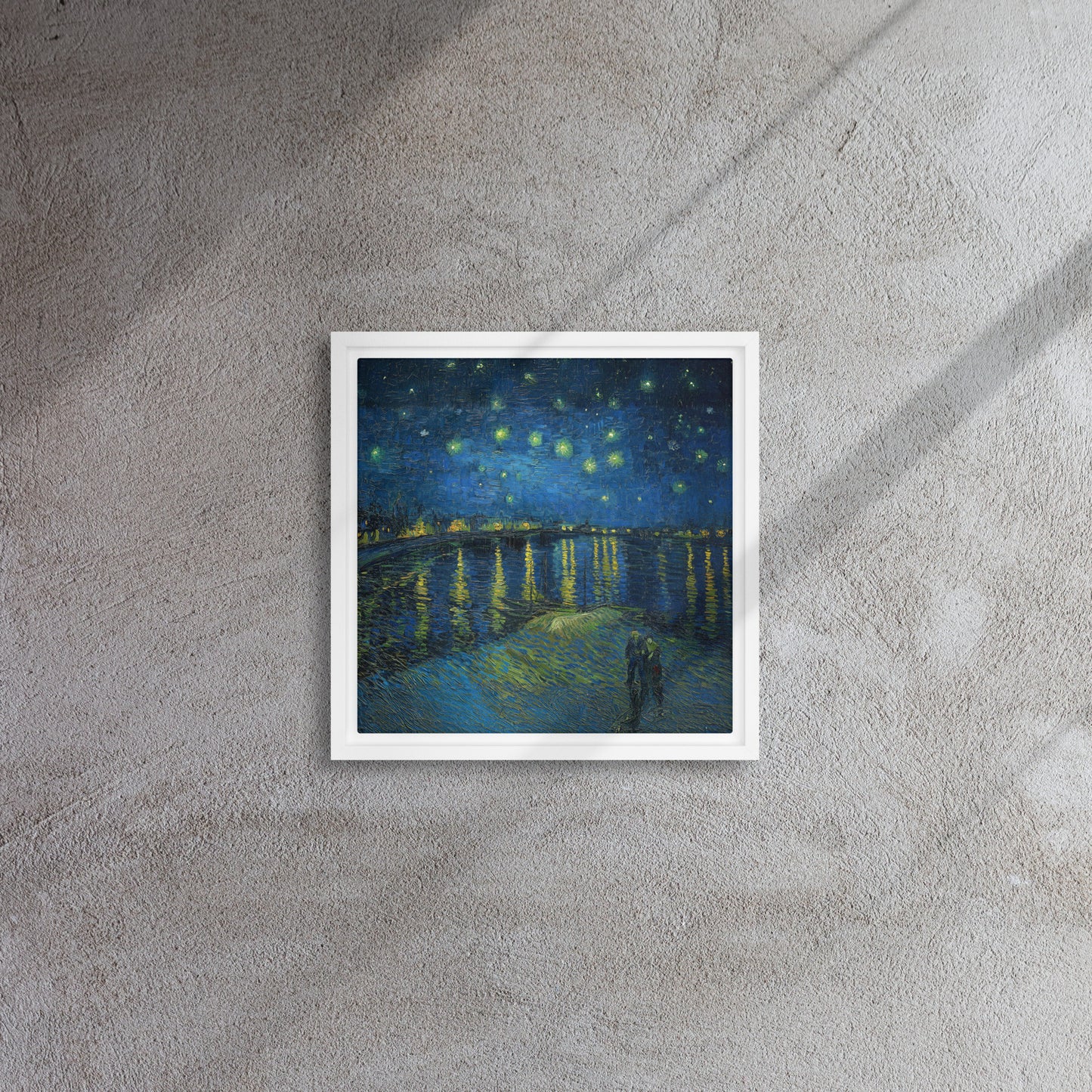 Van Gogh's 'Starry Night Over the Rhone' on a 12"x12" white framed canvas print on a textured gray wall.