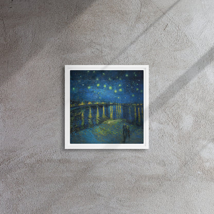 Van Gogh's 'Starry Night Over the Rhone' on a 12"x12" white framed canvas print on a textured gray wall.