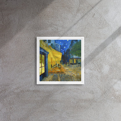 Van Gogh's 'Café Terrace at Night' on a 12"x12" white framed canvas print on a textured gray wall.
