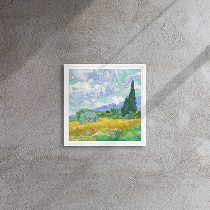 Van Gogh's 'Wheat Field with Cypresses' on a 12"x12" white framed canvas print on a textured gray wall.