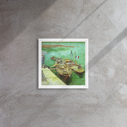 Van Gogh's 'Quay with Men Unloading Sand Barges' on a 12"x12" white framed canvas print on a textured gray wall.