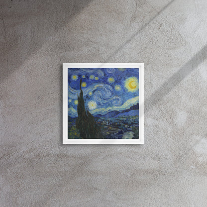 Van Gogh's 'Starry Night' on a 12"x12" white framed canvas print on a textured gray wall.