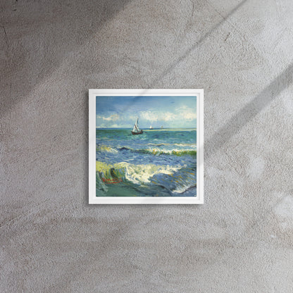 Van Gogh's 'The Sea at Les Saintes-Maries-de-la-Mer' on a 12"x12" white framed canvas print on a textured gray wall.