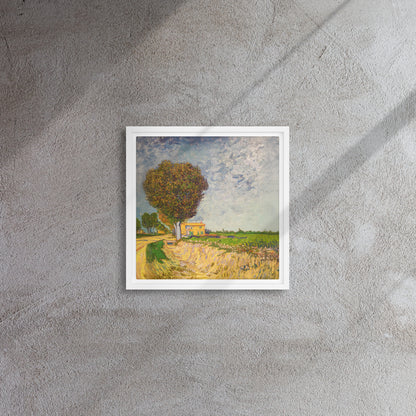 Van Gogh's 'A Lane near Arles' on a 12"x12" white framed canvas print on a textured gray wall.
