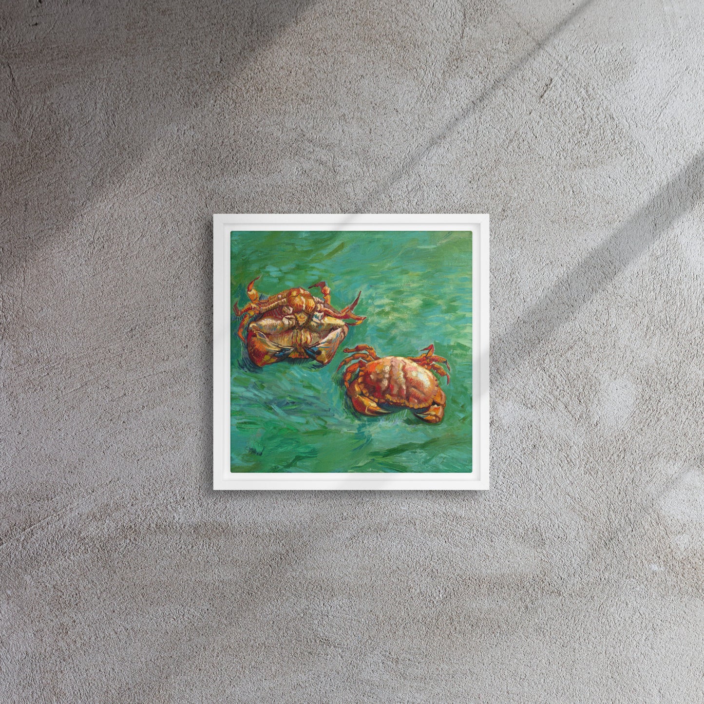 Van Gogh's 'Two Crabs' on a 12"x12" white framed canvas print on a textured gray wall.