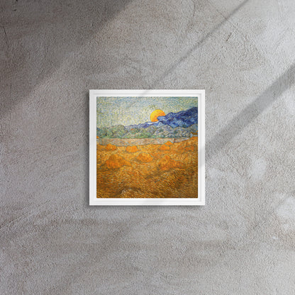 Van Gogh's 'Landscape with Wheat Sheaves and Rising Moon' on a 12"x12" white framed canvas print on a textured gray wall.