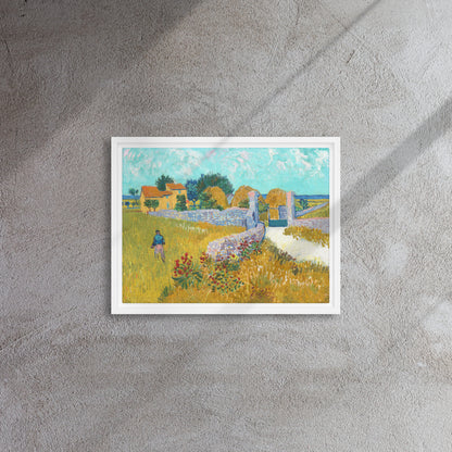 Van Gogh's 'Farmhouse in Provence' on a 12"x16" white framed canvas print on a textured gray wall.