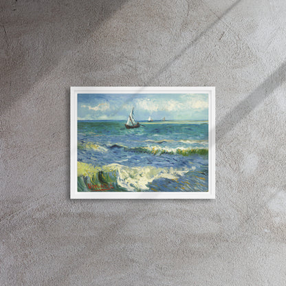 Van Gogh's 'The Sea at Les Saintes-Maries-de-la-Mer' on a 12"x16" white framed canvas print on a textured gray wall.