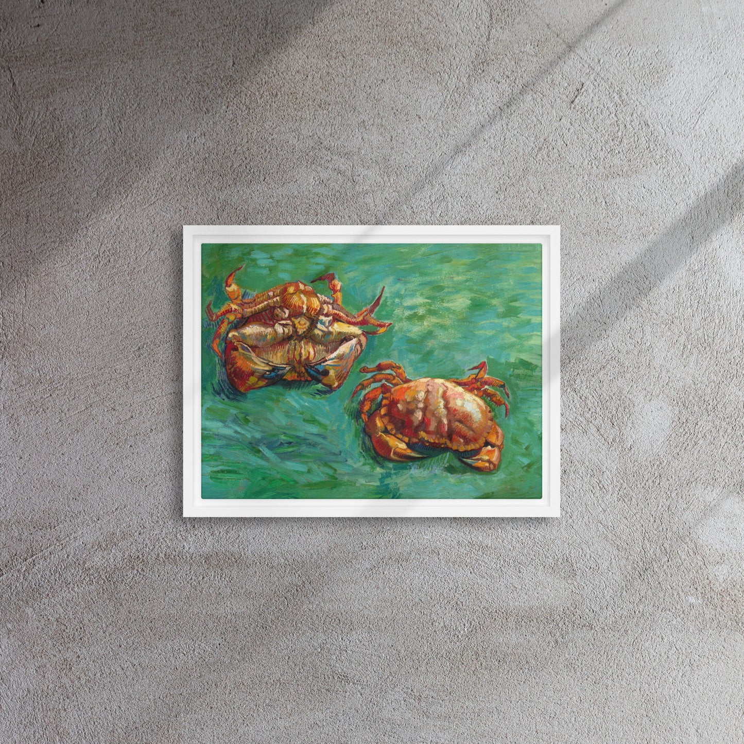 Van Gogh's 'Two Crabs' on a 12"x16" white framed canvas print on a textured gray wall.