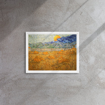 Van Gogh's 'Landscape with Wheat Sheaves and Rising Moon' on a 12"x16" white framed canvas print on a textured gray wall.