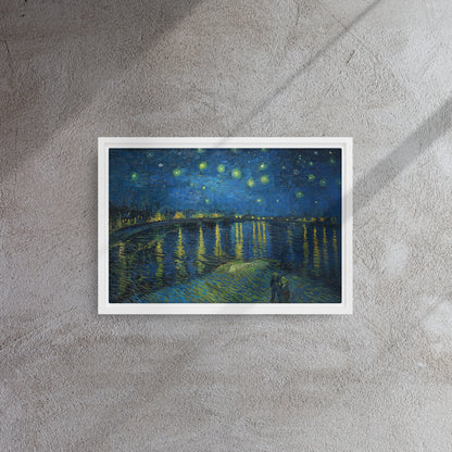 Van Gogh's 'Starry Night Over the Rhone' on a 12"x18" white framed canvas print on a textured gray wall.