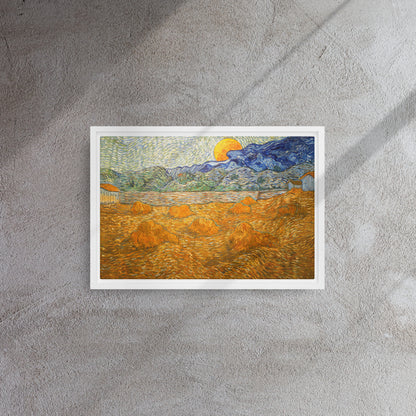 Van Gogh's 'Landscape with Wheat Sheaves and Rising Moon' on a 12"x18" white framed canvas print on a textured gray wall.