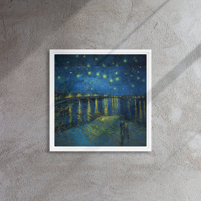 Van Gogh's 'Starry Night Over the Rhone' on a 16"x16" white framed canvas print on a textured gray wall.