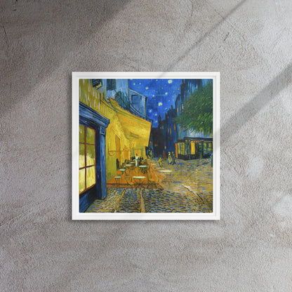 Van Gogh's 'Café Terrace at Night' on a 16"x16" white framed canvas print on a textured gray wall.