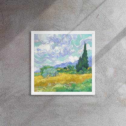 Van Gogh's 'Wheat Field with Cypresses' on a 16"x16" white framed canvas print on a textured gray wall.