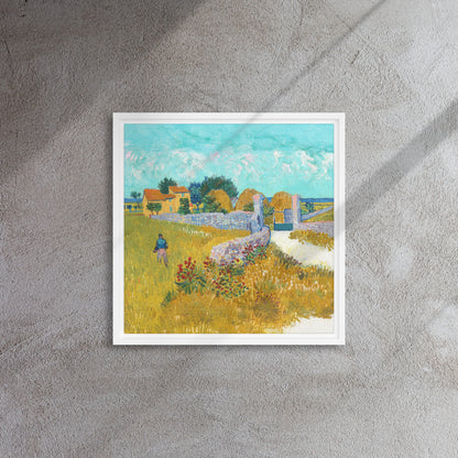 Van Gogh's 'Farmhouse in Provence' on a 16"x16" white framed canvas print on a textured gray wall.