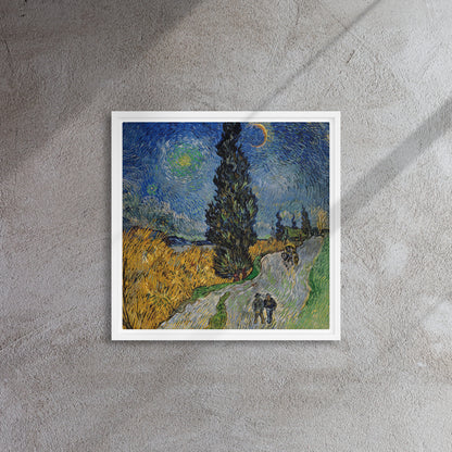 Van Gogh's 'Road with Cypress and Star' on a 16"x16" white framed canvas print on a textured gray wall.