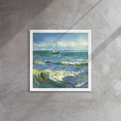 Van Gogh's 'The Sea at Les Saintes-Maries-de-la-Mer' on a 16"x16" white framed canvas print on a textured gray wall.