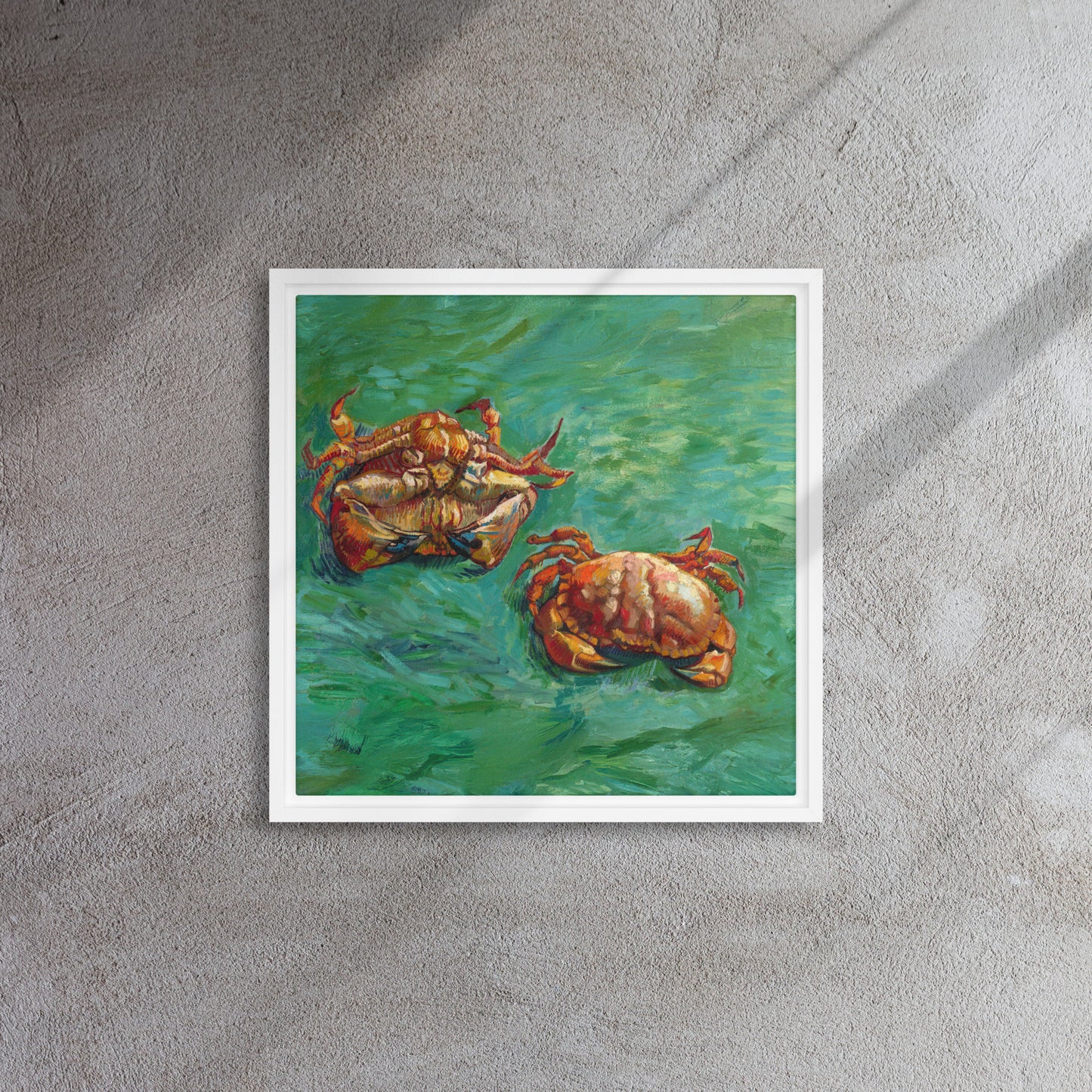 Van Gogh's 'Two Crabs' on a 16"x16" white framed canvas print on a textured gray wall.
