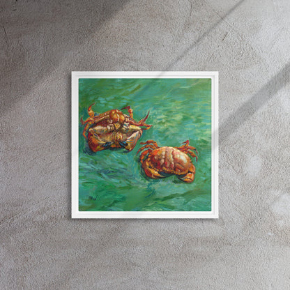 Van Gogh's 'Two Crabs' on a 16"x16" white framed canvas print on a textured gray wall.