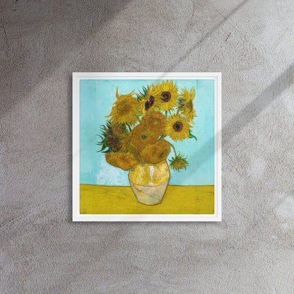 Van Gogh's 'Vase with Twelve Sunflowers' on a 16"x16" white framed canvas print on a textured wall.