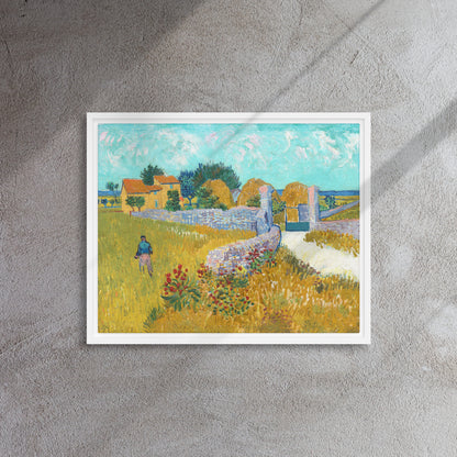 Van Gogh's 'Farmhouse in Provence' on a 16"x20" white framed canvas print on a textured gray wall.