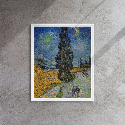 Van Gogh's 'Road with Cypress and Star' on a 16"x20" white framed canvas print on a textured gray wall.