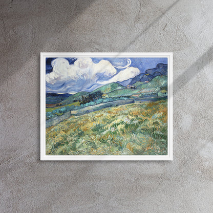 Van Gogh's 'Landscape from Saint-Rémy' on a 16"x20" white framed canvas print on a textured gray wall.