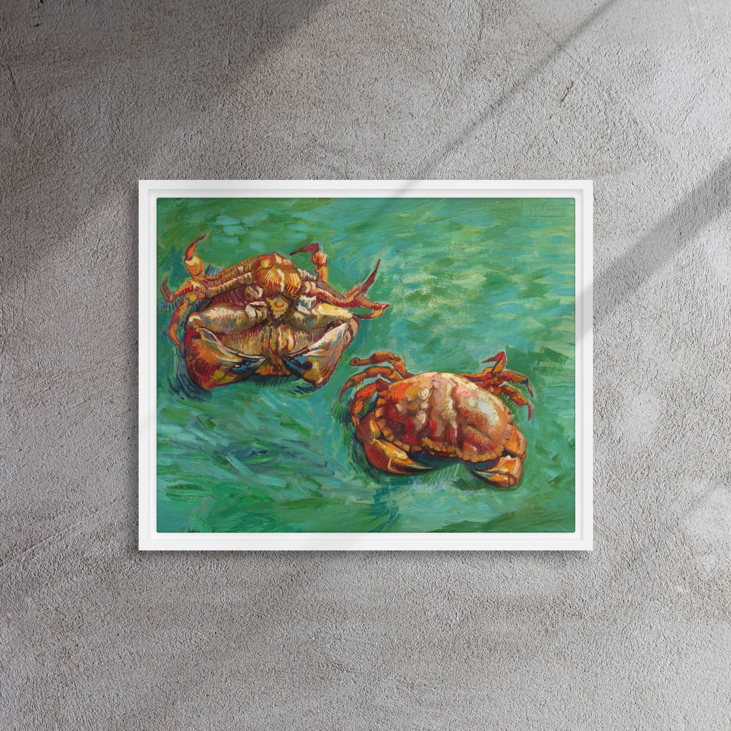 Van Gogh's 'Two Crabs' on a 16"x20" white framed canvas print on a textured gray wall.