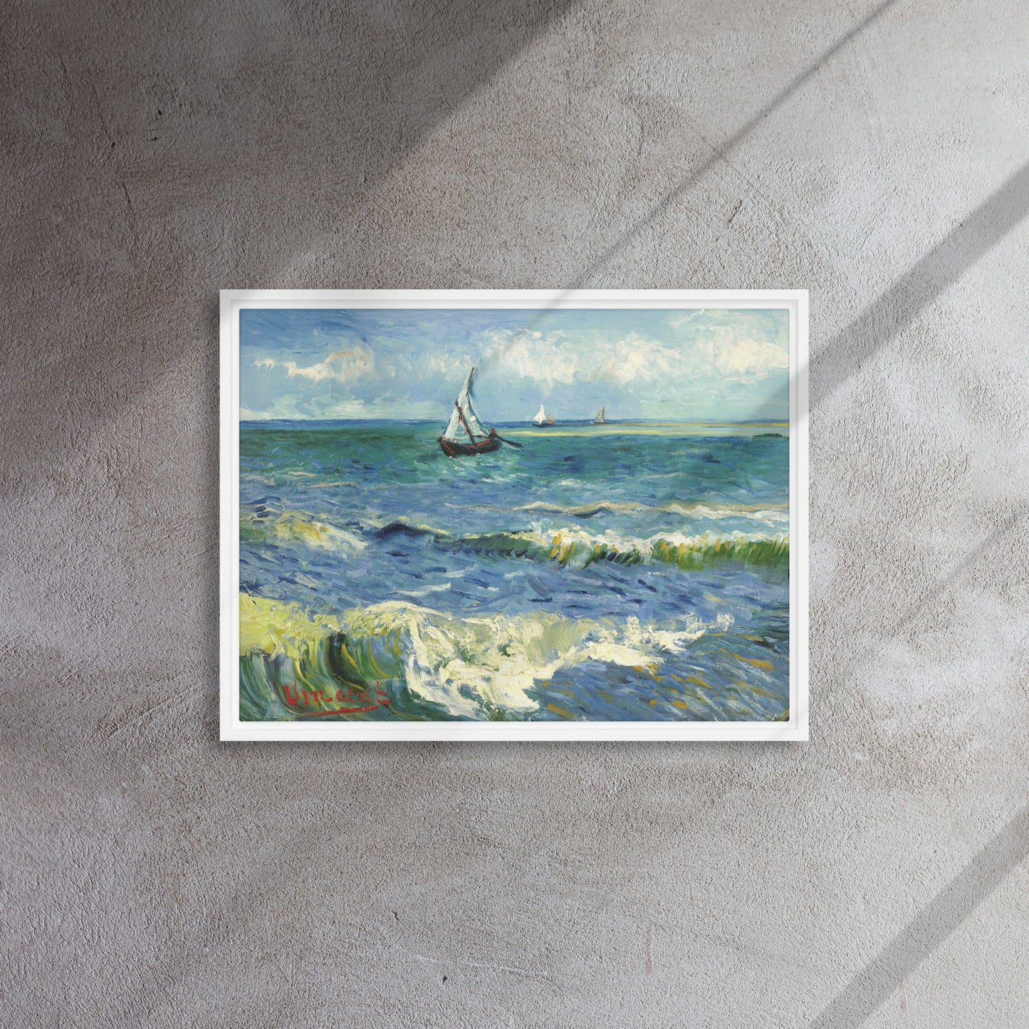 Van Gogh's 'The Sea at Les Saintes-Maries-de-la-Mer' on a 18"x24" white framed canvas print on a textured gray wall.