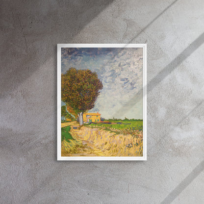Van Gogh's 'A Lane near Arles' on a 18"x24" white framed canvas print on a textured gray wall.