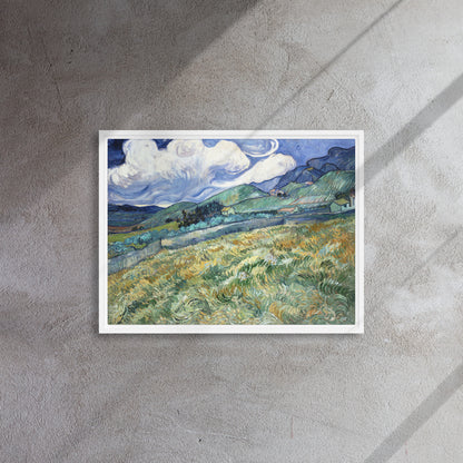 Van Gogh's 'Landscape from Saint-Rémy' on a 18"x24" white framed canvas print on a textured gray wall.