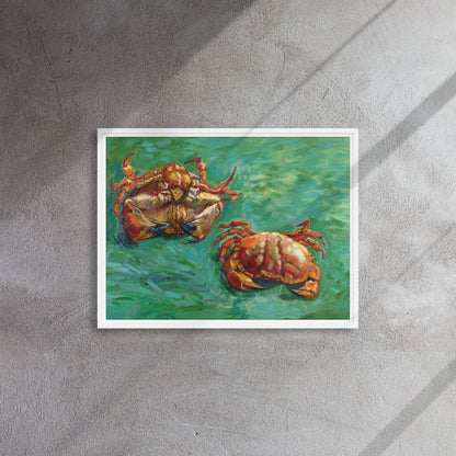 Van Gogh's 'Two Crabs' on a 18"x24" white framed canvas print on a textured gray wall.