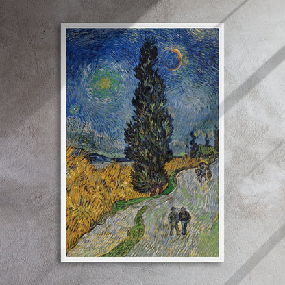 Van Gogh's 'Road with Cypress and Star' on a 24"x36" white framed canvas print on a textured gray wall.