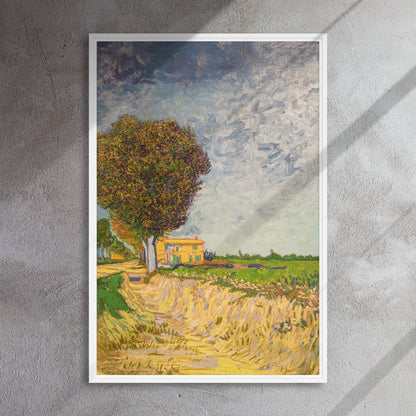 Van Gogh's 'A Lane near Arles' on a 24"x36" white framed canvas print on a textured gray wall.