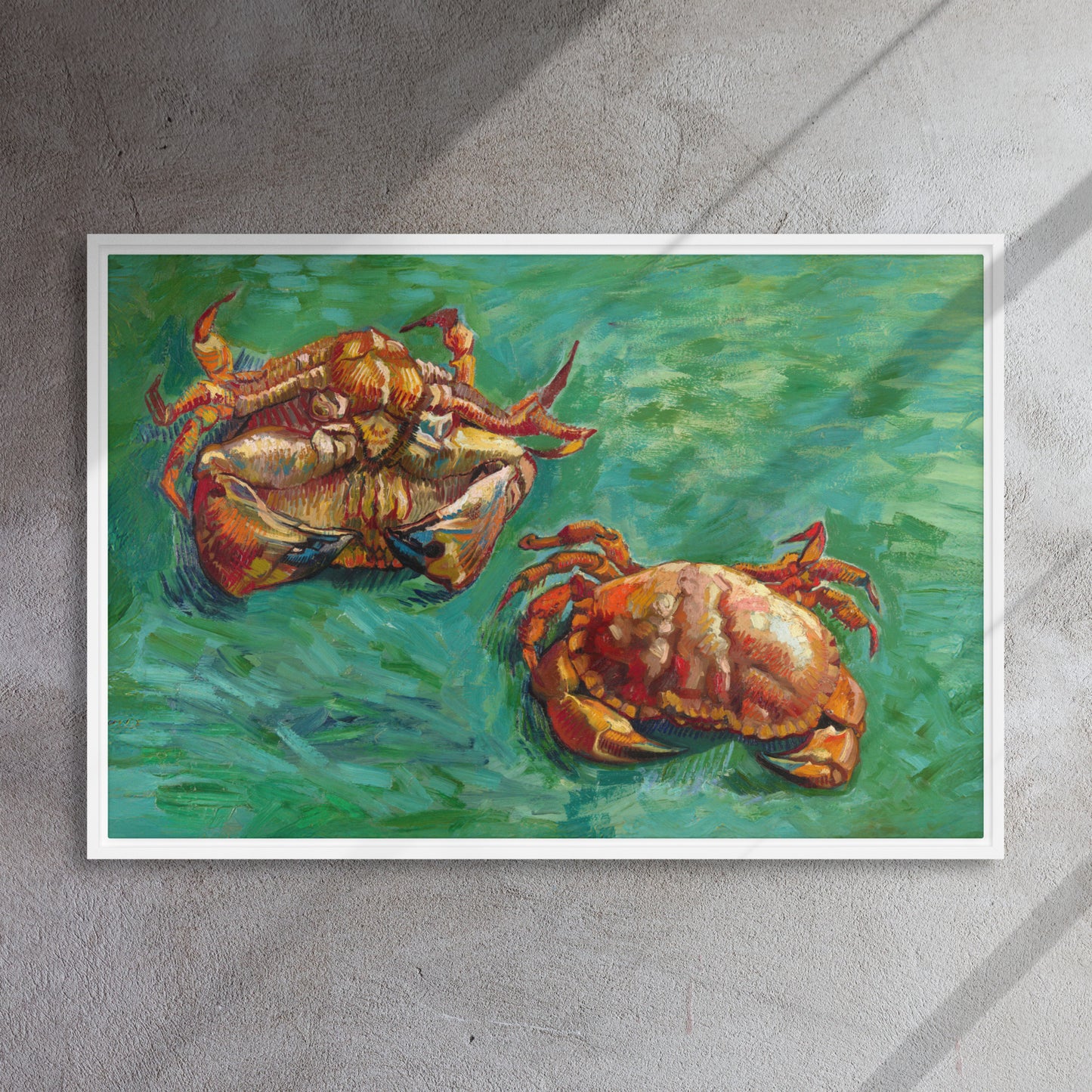 Van Gogh's 'Two Crabs' on a 24"x36" white framed canvas print on a textured gray wall.