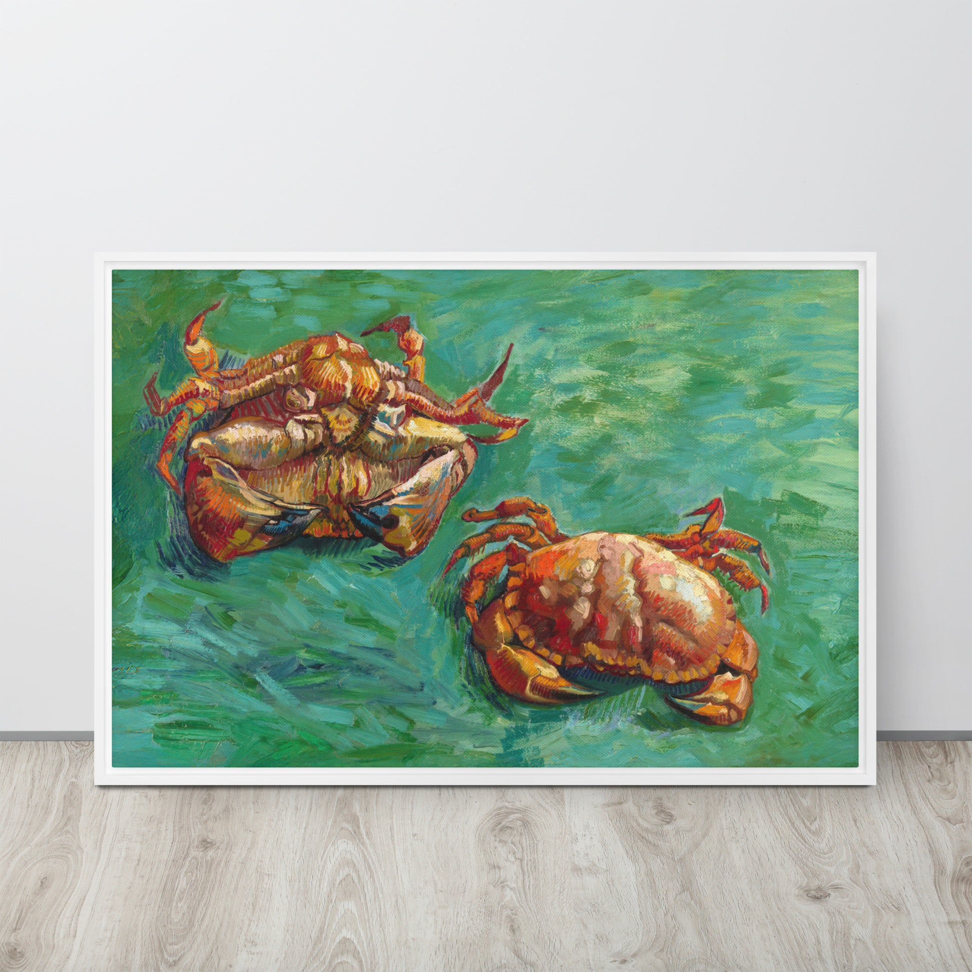 Van Gogh's 'Two Crabs' on a 24"x36" white framed canvas print sitting on a wooden floor leaning against a light gray wall.