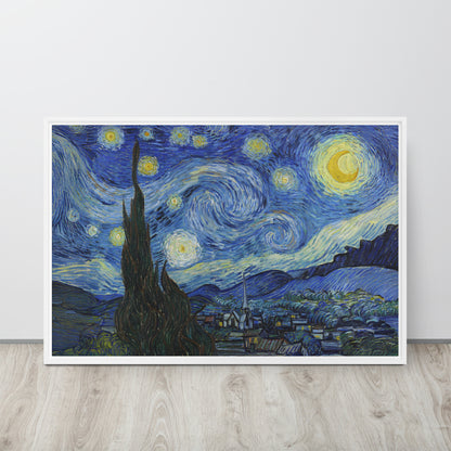 Van Gogh's 'Starry Night' on a 24"x36" white framed canvas print sitting on a wooden floor leaning against a light gray wall.