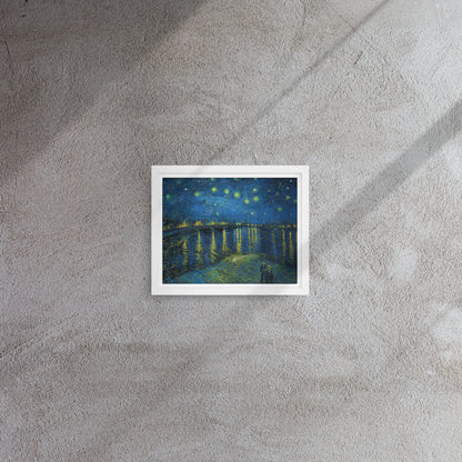 Van Gogh's 'Starry Night Over the Rhone' on a 8"x10" white framed canvas print on a textured gray wall.