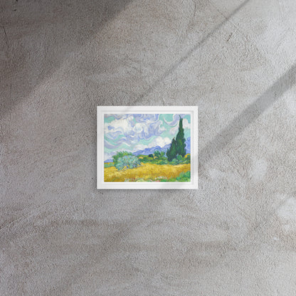 Van Gogh's 'Wheat Field with Cypresses' on a 8"x10" white framed canvas print on a textured gray wall.