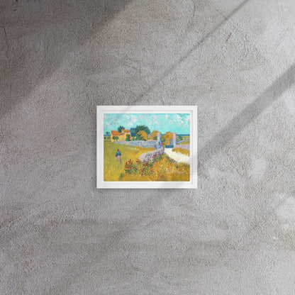Van Gogh's 'Farmhouse in Provence' on a 8"x10" white framed canvas print on a textured gray wall.