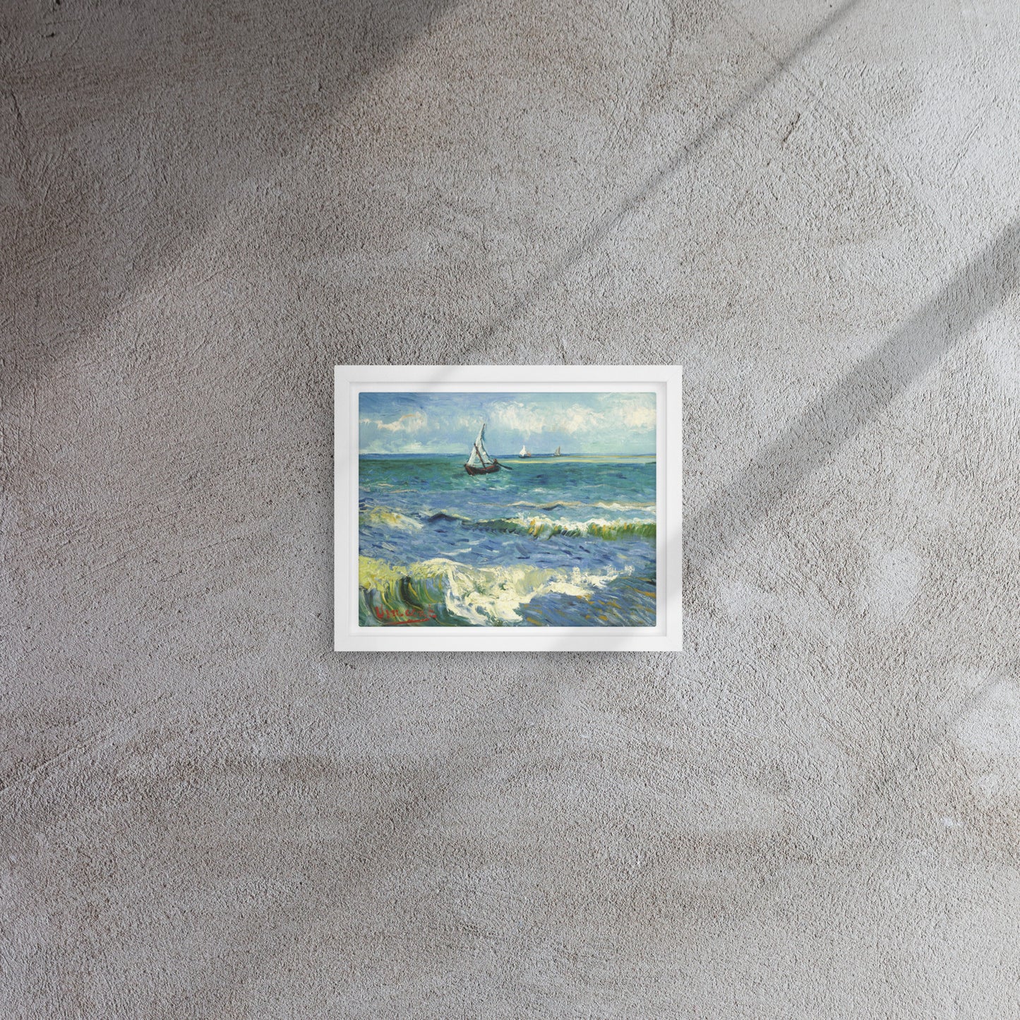 Van Gogh's 'The Sea at Les Saintes-Maries-de-la-Mer' on a 8"x10" white framed canvas print on a textured gray wall.