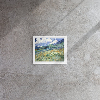 Van Gogh's 'Landscape from Saint-Rémy' on a 8"x10" white framed canvas print on a textured gray wall.