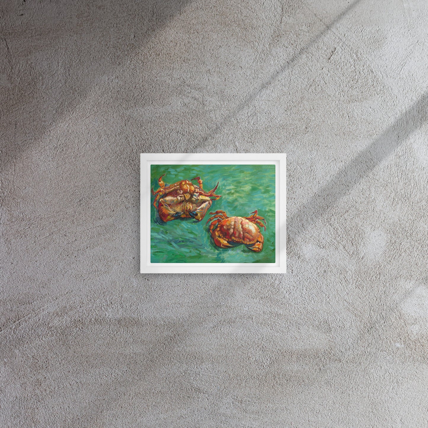 Van Gogh's 'Two Crabs' on a 8"x10" white framed canvas print on a textured gray wall.