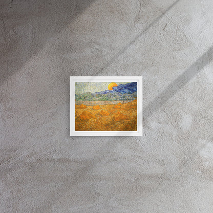 Van Gogh's 'Landscape with Wheat Sheaves and Rising Moon' on a 8"x10" white framed canvas print on a textured gray wall.