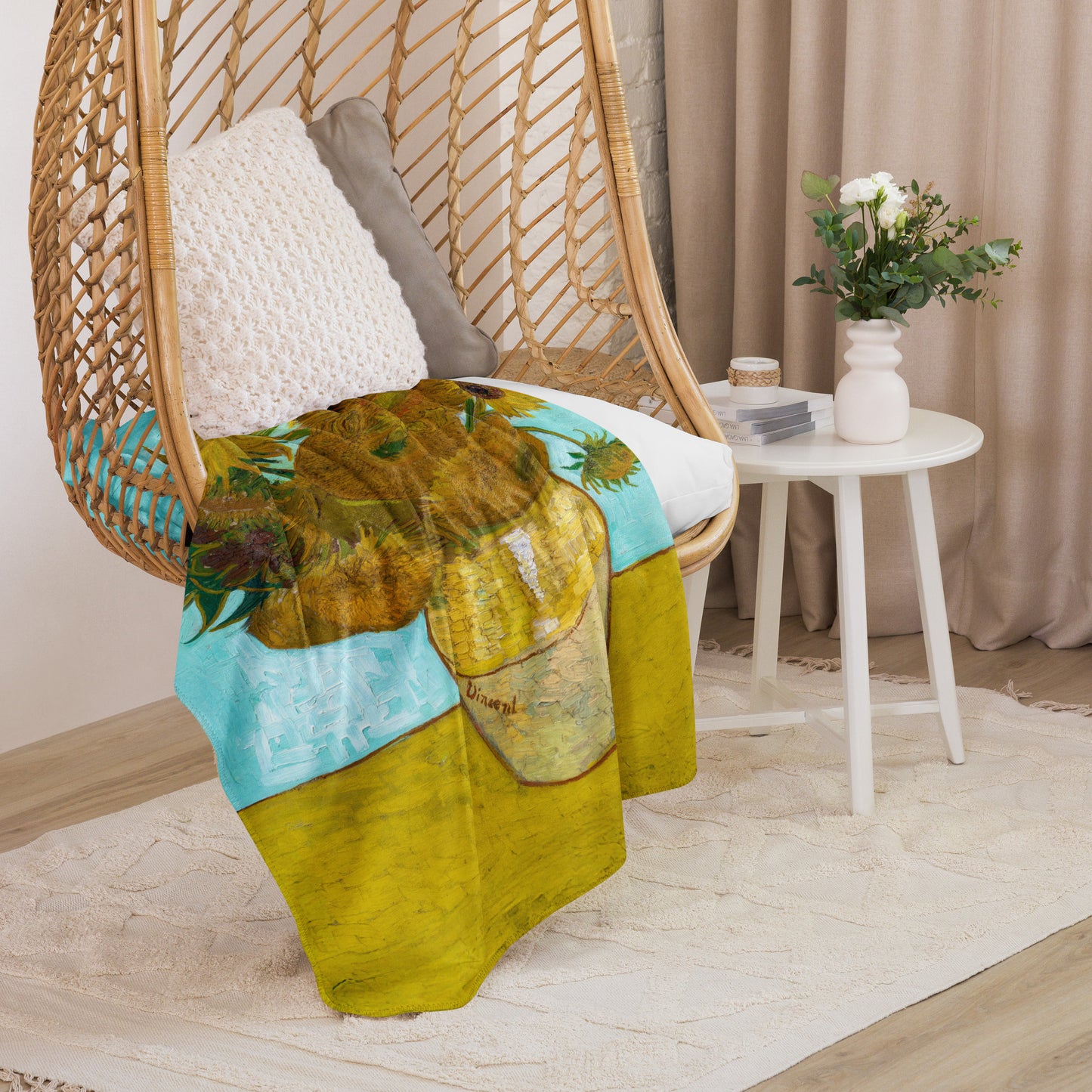 Vase with Twelve Sunflowers - Sherpa Throw Blanket