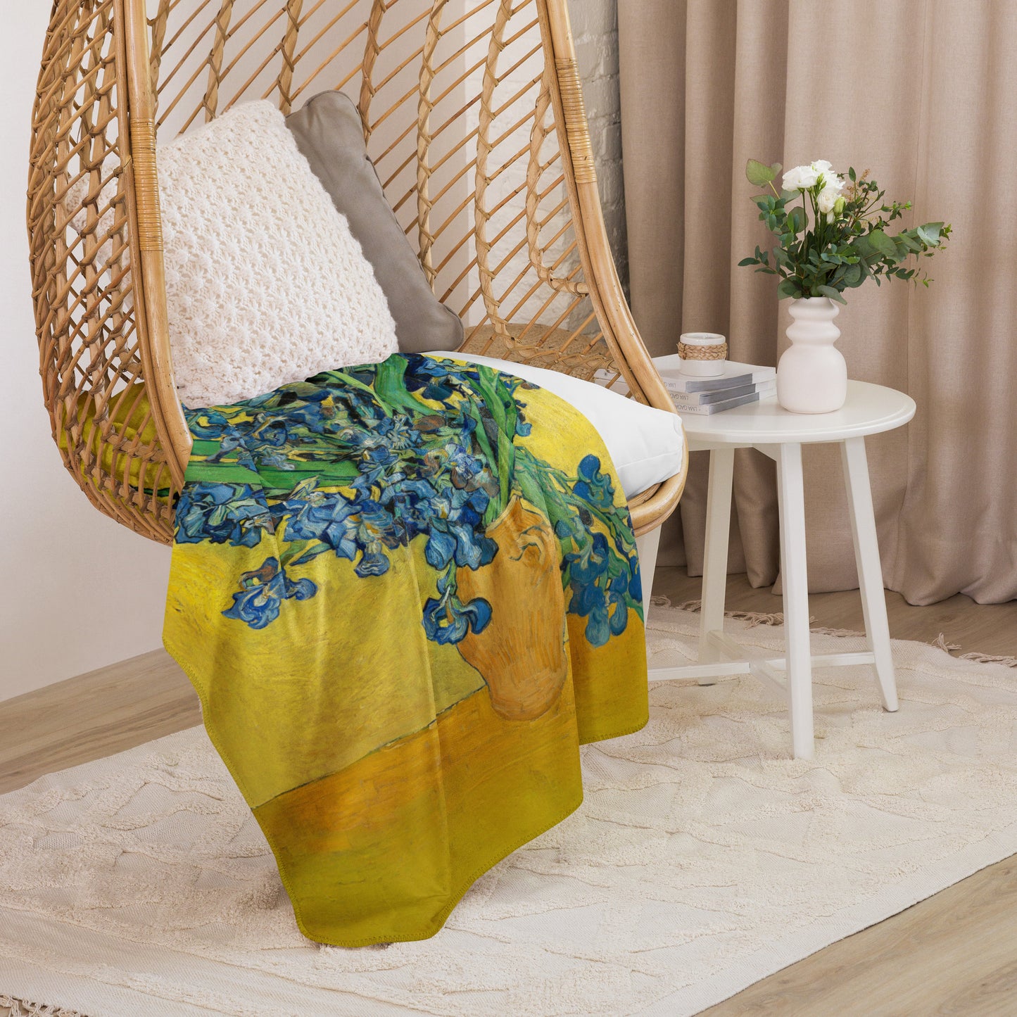 Vase with Irises Against a Yellow Background - Sherpa Throw Blanket
